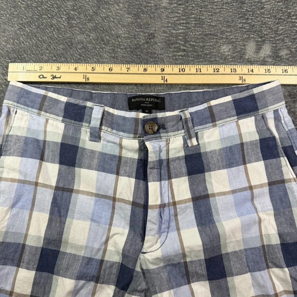Banana Republic Aiden Short Mens 31 Blue White Plaid Cotton Flat Front Shorts